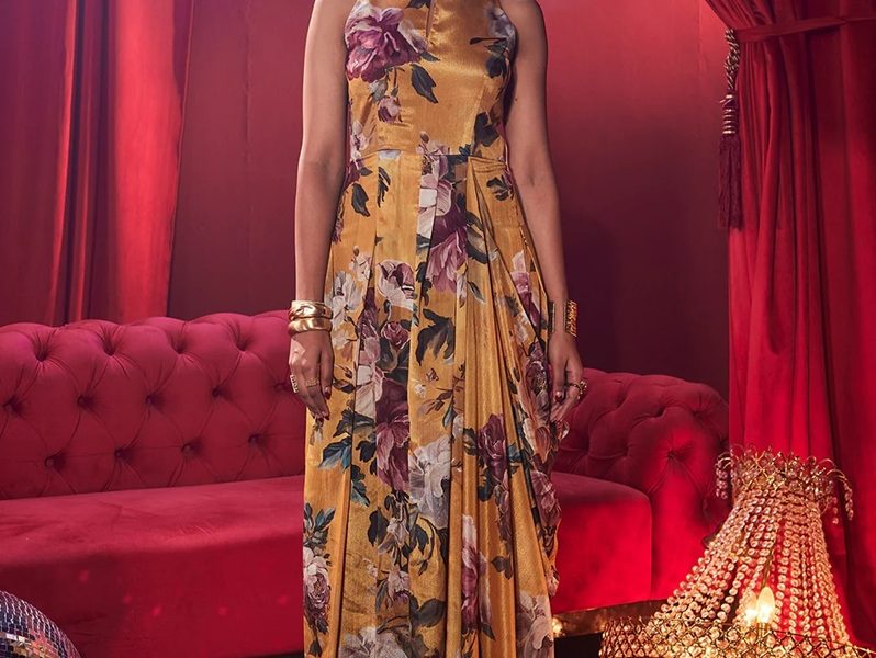 Signora Floral Drape Gown – Elegant Women's Festive Wear and Party Dress