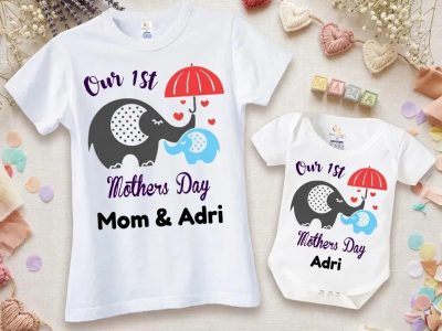 Baby 1st Mothers Day Combo Set T-Shirt or Romper Outfit | Mom & Baby Matching Custom Name Elephant Design Gift Set Women S M L XL XXL Baby 0-12 Months | Babywish