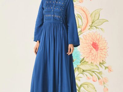 Poppy Blue Self-Embroidered Flared Dress with Comfortable Ethnic-Inspired Styling