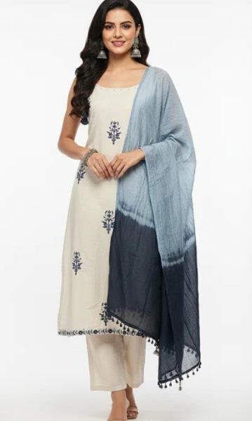 Online Trendy Co-Ord Sets | Cream Blue Cotton Suit Rs. 1499