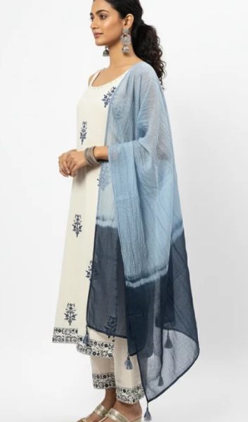 Online Trendy Co-Ord Sets | Cream Blue Cotton Suit Rs. 1499