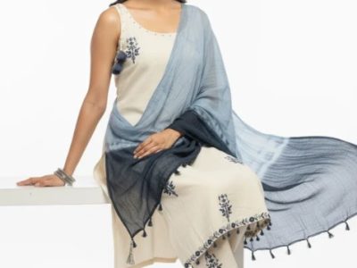 Online Trendy Co-Ord Sets | Cream Blue Cotton Suit Rs. 1499