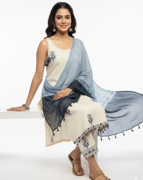 Online Trendy Co-Ord Sets | Cream Blue Cotton Suit Rs. 1499