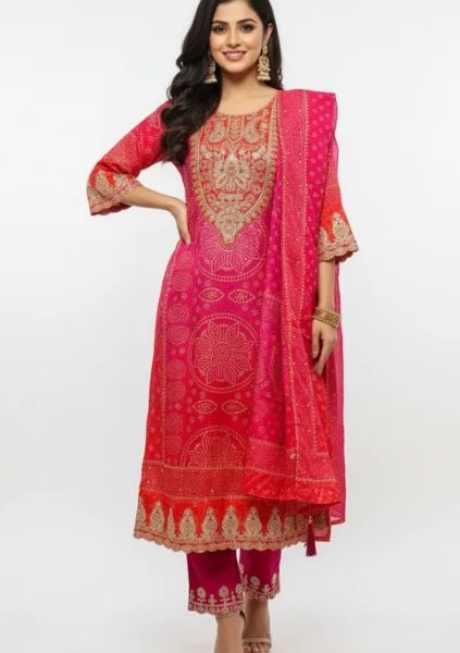 Best Women Co-Ord Sets Online | Pink Red Bandhej Rs. 2199