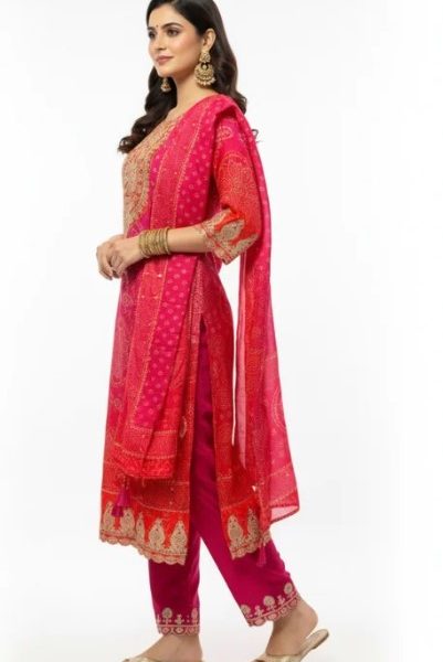 Best Women Co-Ord Sets Online | Pink Red Bandhej Rs. 2199