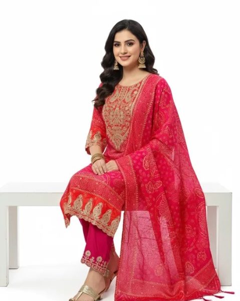 Best Women Co-Ord Sets Online | Pink Red Bandhej Rs. 2199