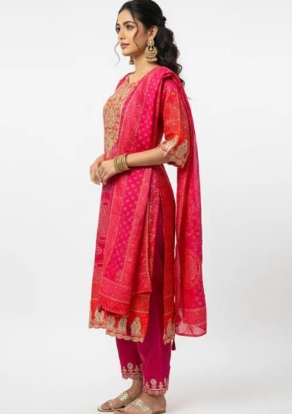 Best Women Co-Ord Sets Online | Pink Red Bandhej Rs. 2199