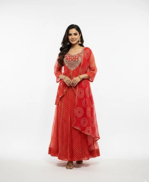 Online Trendy Co-Ord Sets | Orange Bandhani Anarkali Rs. 2199