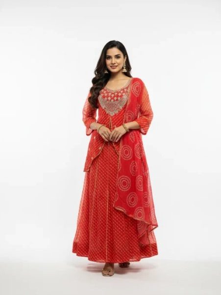 Online Trendy Co-Ord Sets | Orange Bandhani Anarkali Rs. 2199