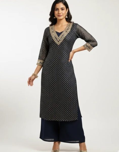 Navy Blue Kurta Set with Palazzo – Shop Women’s Celebration Wear Online at ₹1899