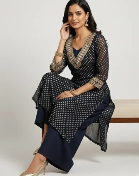 Navy Blue Kurta Set with Palazzo – Shop Women’s Celebration Wear Online at ₹1899