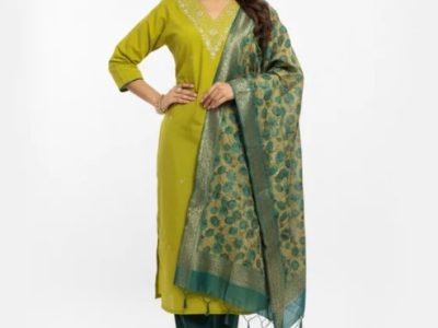 Mustard Yellow Embroidered Kurta Set with Contrast Teal Dupatta – Buy This Standout Ethnic Outfit at ₹1399