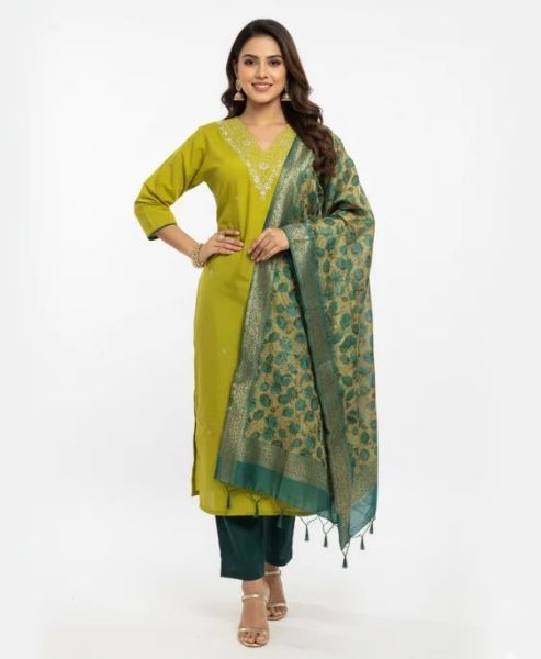 Mustard Yellow Embroidered Kurta Set with Contrast Teal Dupatta – Buy This Standout Ethnic Outfit at ₹1399