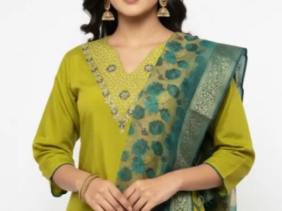 Mustard Yellow Embroidered Kurta Set with Contrast Teal Dupatta – Buy This Standout Ethnic Outfit at ₹1399