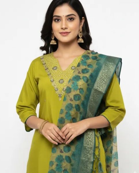 Mustard Yellow Embroidered Kurta Set with Contrast Teal Dupatta – Buy This Standout Ethnic Outfit at ₹1399