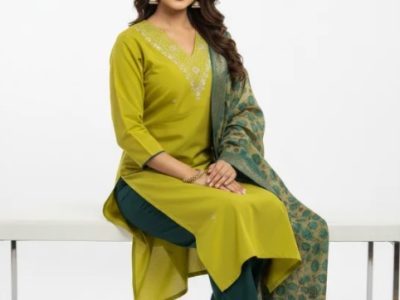 Mustard Yellow Embroidered Kurta Set with Contrast Teal Dupatta – Buy This Standout Ethnic Outfit at ₹1399