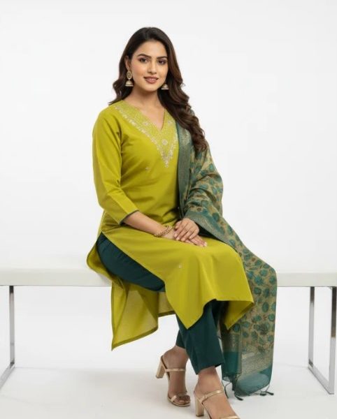 Mustard Yellow Embroidered Kurta Set with Contrast Teal Dupatta – Buy This Standout Ethnic Outfit at ₹1399