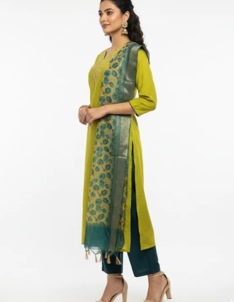 Mustard Yellow Embroidered Kurta Set with Contrast Teal Dupatta – Buy This Standout Ethnic Outfit at ₹1399