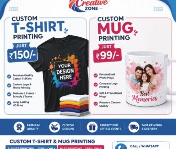 Mug Printing Rs. 99/- | Custom T-Shirt printing Rs. 50/- only | Contact Creative Zone | 563